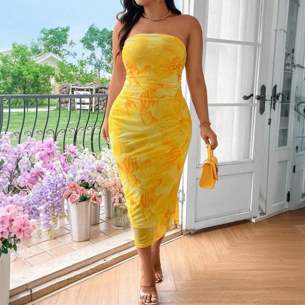 The Golden Bloom Strapless Floral Dress
