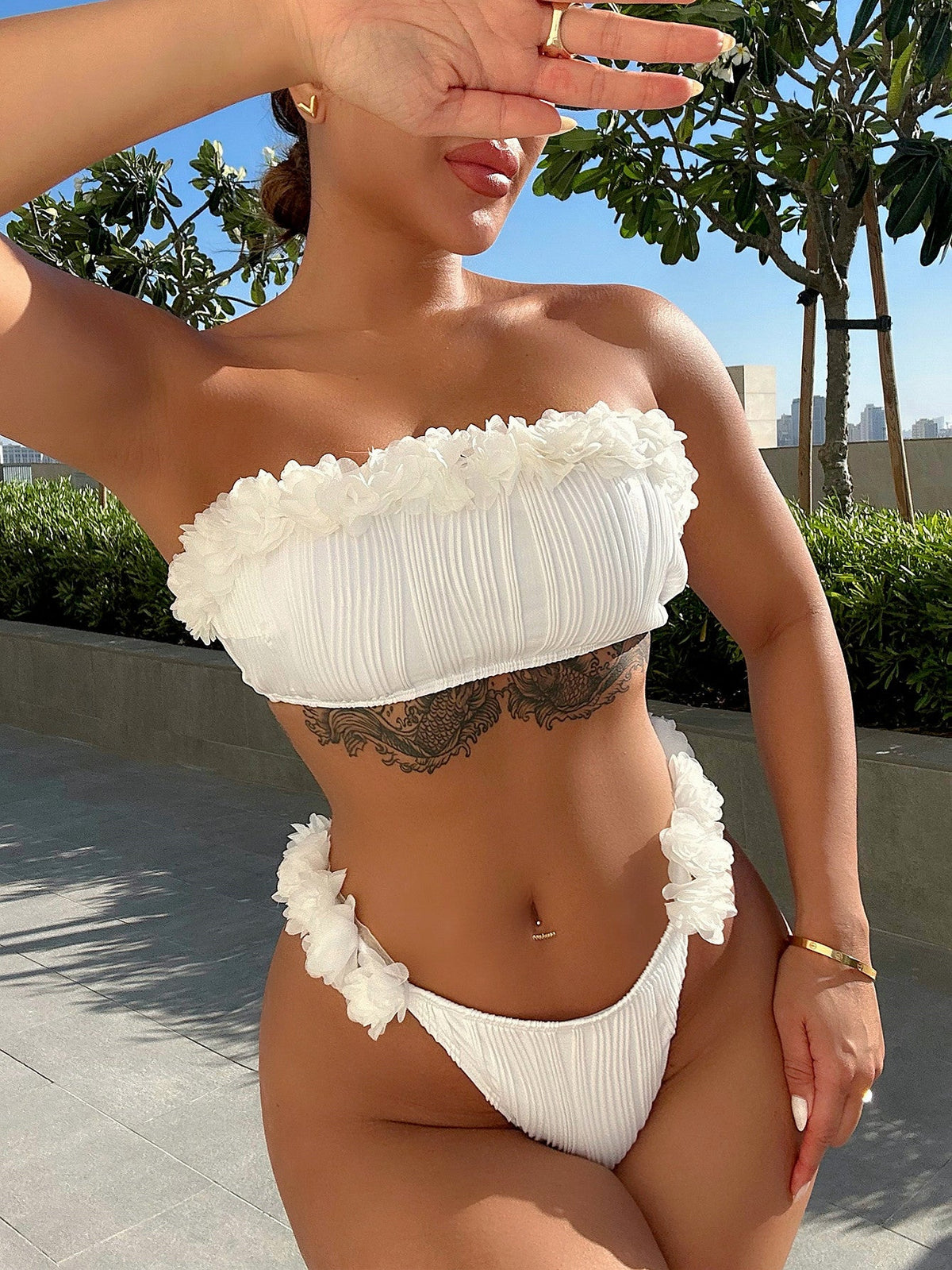 The White Bloom Appliqué Bandeau Bikini