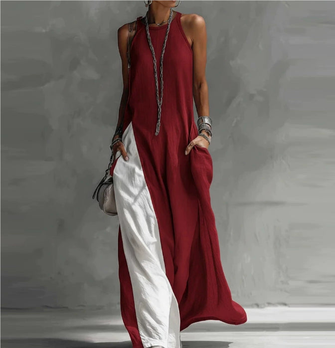 Off-Shoulder Color-Block Flared Maxi Dress with Pockets