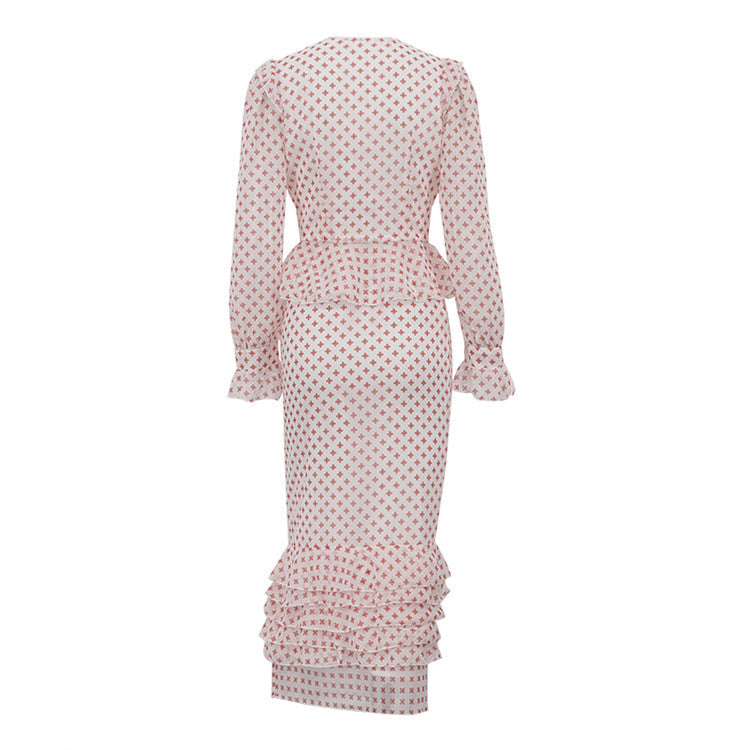 Cross-Print Deep V-Neck Peplum Top & Tiered Midi Skirt Set