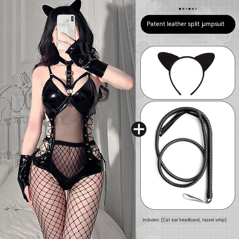 The Midnight Edge Patent-Look Lace-Up Lingerie Bodysuit
