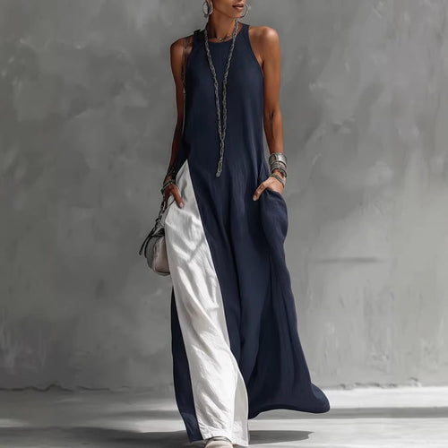 Color Block Sleeveless Maxi Dress | Crew Neck Pockets Side Slit Loose