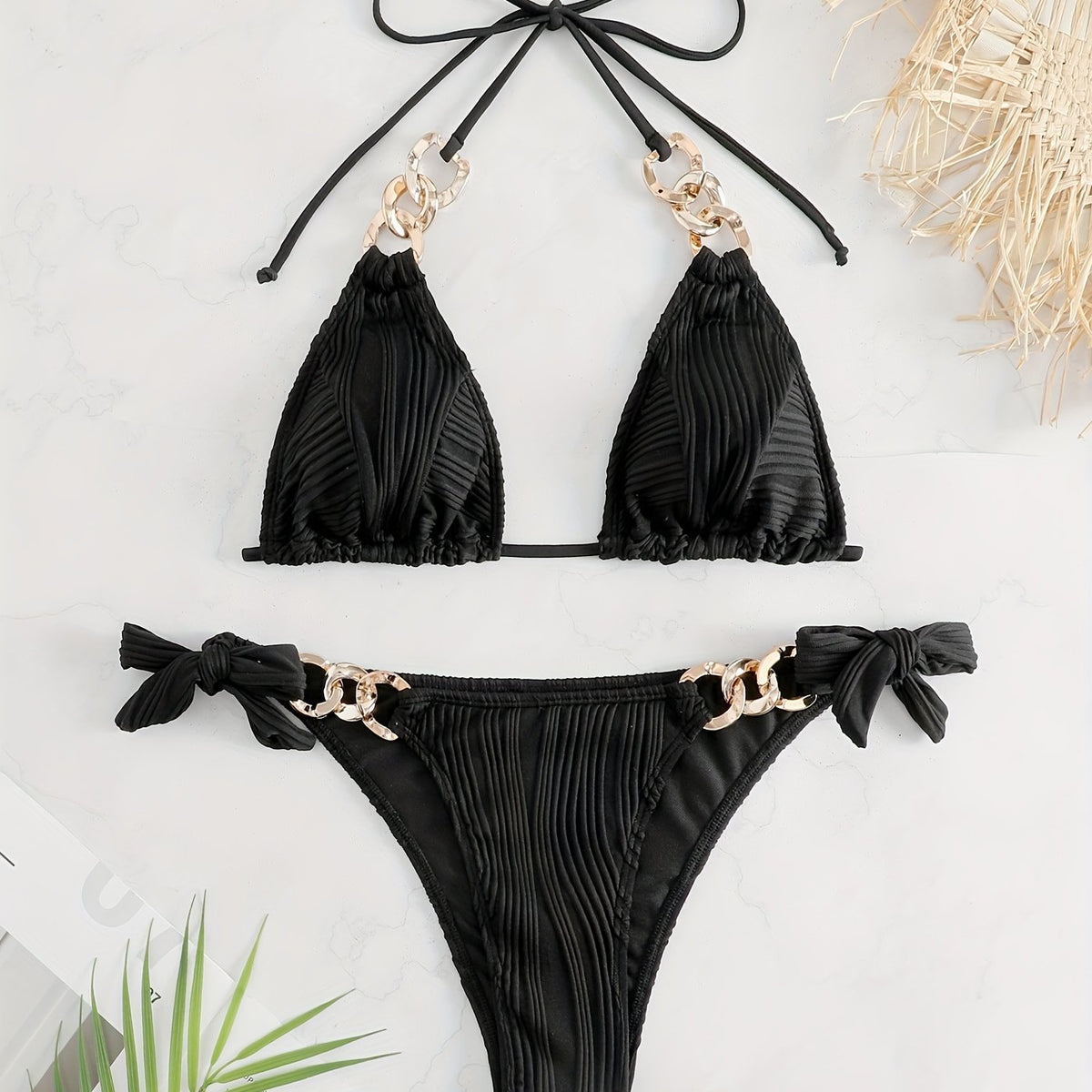 The Golden Chain Striped Halter Bikini