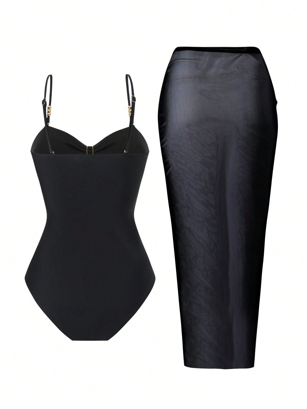 Black Gold Hardware Halter Bikini & Sheer Mesh Maxi Skirt Set