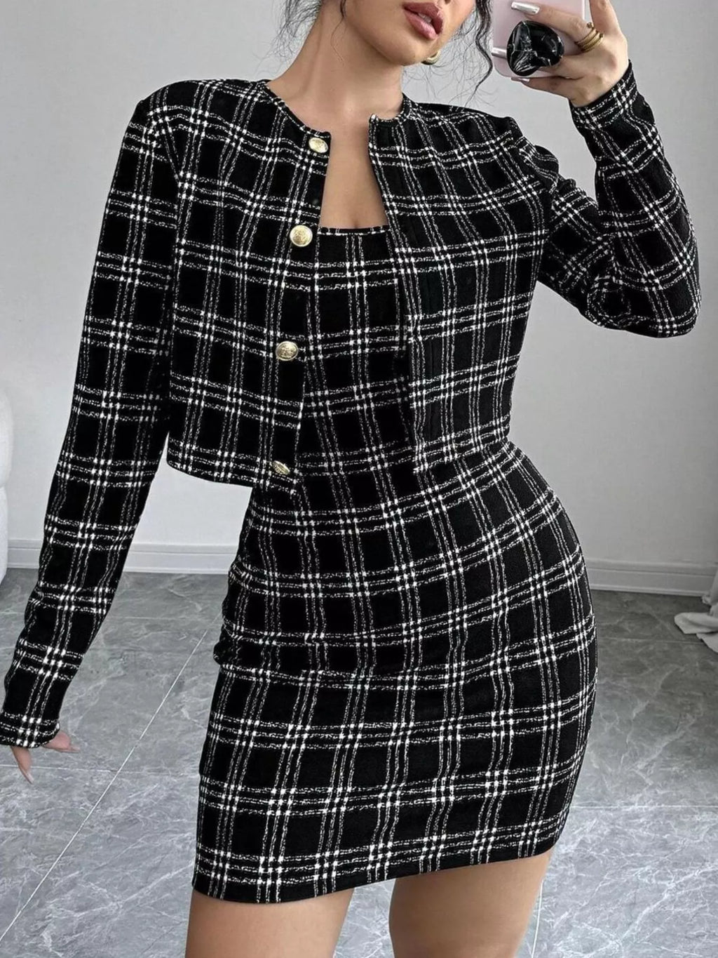 The Uptown Society Plaid Jacket & Mini Dress Set
