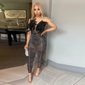 Black Allover Rhinestone Crystal Mesh Strapless Deep Plunge V Feather Bust Trim Slim-Fit Full-Length Jumpsuit Catsuit