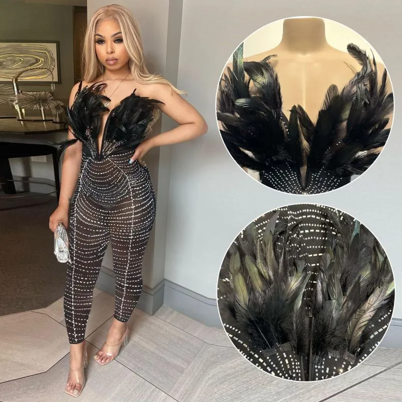 Black Allover Rhinestone Crystal Mesh Strapless Deep Plunge V Feather Bust Trim Slim-Fit Full-Length Jumpsuit Catsuit
