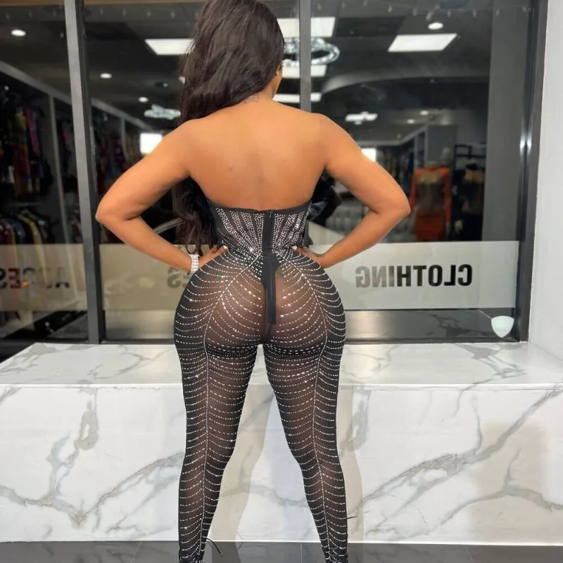 Black Allover Rhinestone Crystal Mesh Strapless Deep Plunge V Feather Bust Trim Slim-Fit Full-Length Jumpsuit Catsuit