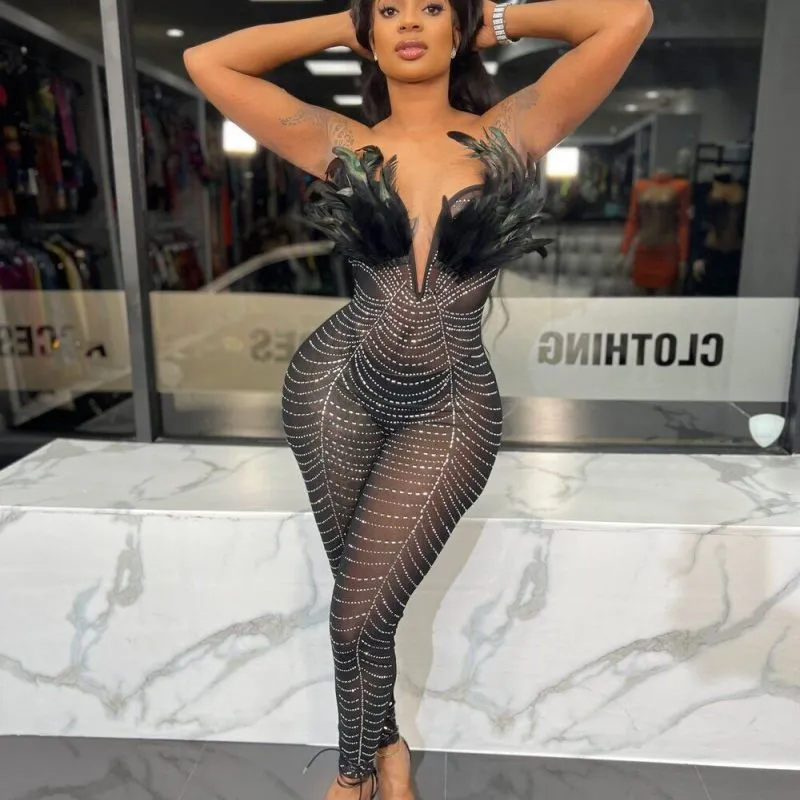 Black Allover Rhinestone Crystal Mesh Strapless Deep Plunge V Feather Bust Trim Slim-Fit Full-Length Jumpsuit Catsuit