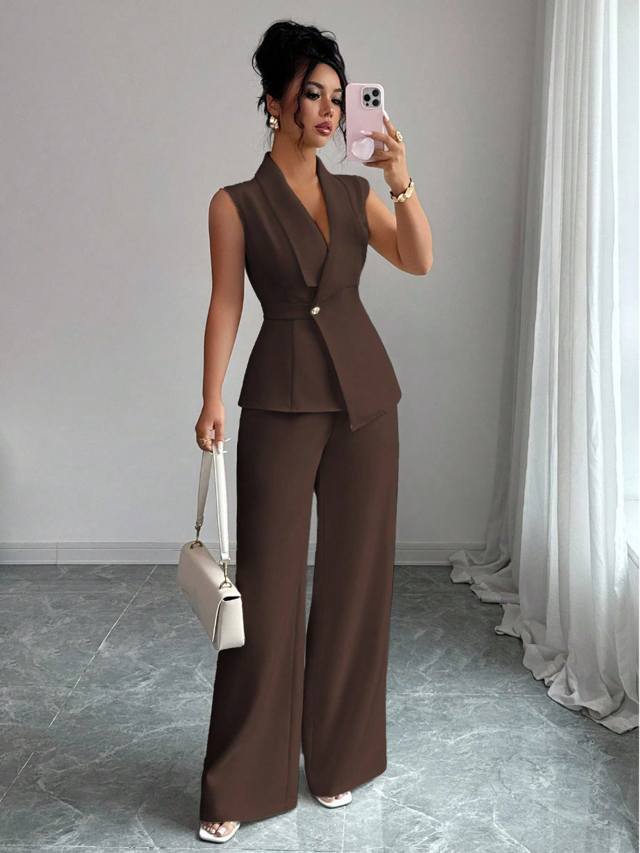 Sleeveless Blazer & Straight-Leg Pants Two-Piece Set