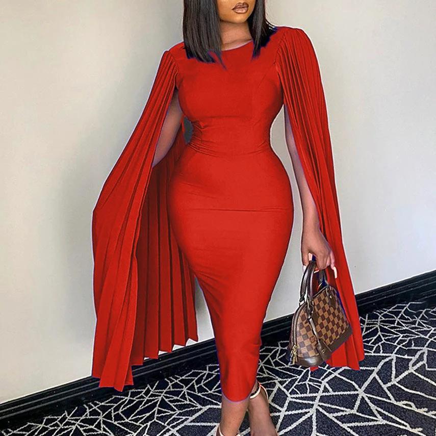 The Scarlet Grandeur Pleated Cape Dress