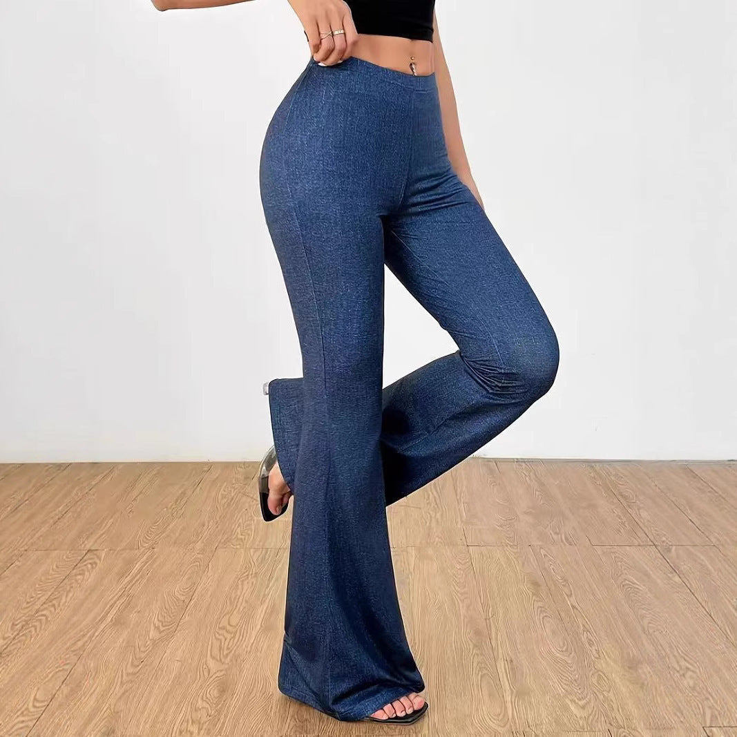 High-Waist Denim-Print Flare Bell-Bottom Pants