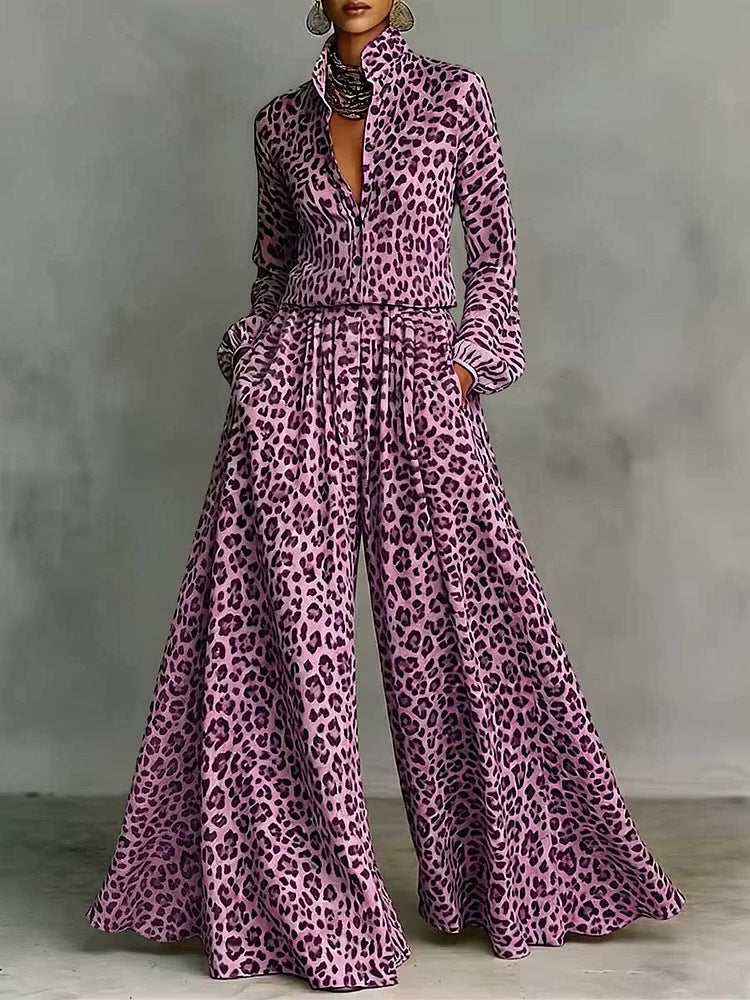 Leopard Print Wide-Leg Pants Set | Women's Two-Piece Long Sleeve Outfit