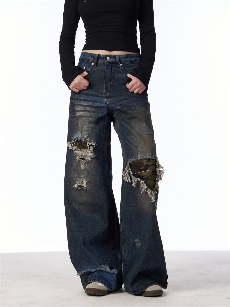 The Camo Rebel Distressed Wide-Leg Jeans