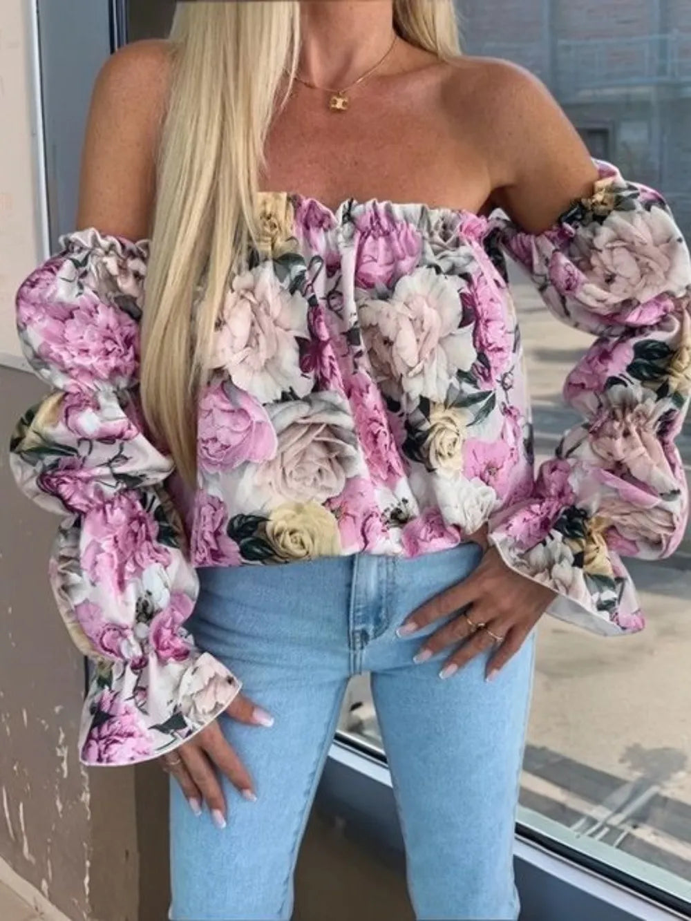 The Printed Off-Shoulder Flounce Sleeve Blouse