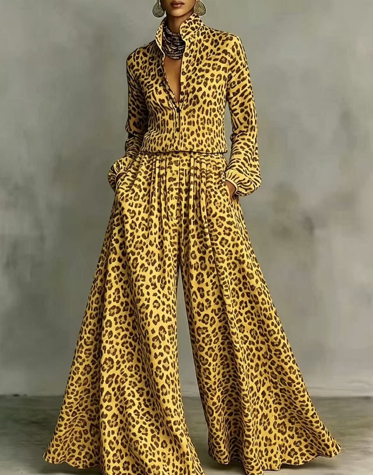 Leopard Print Wide-Leg Pants Set | Women's Two-Piece Long Sleeve Outfit