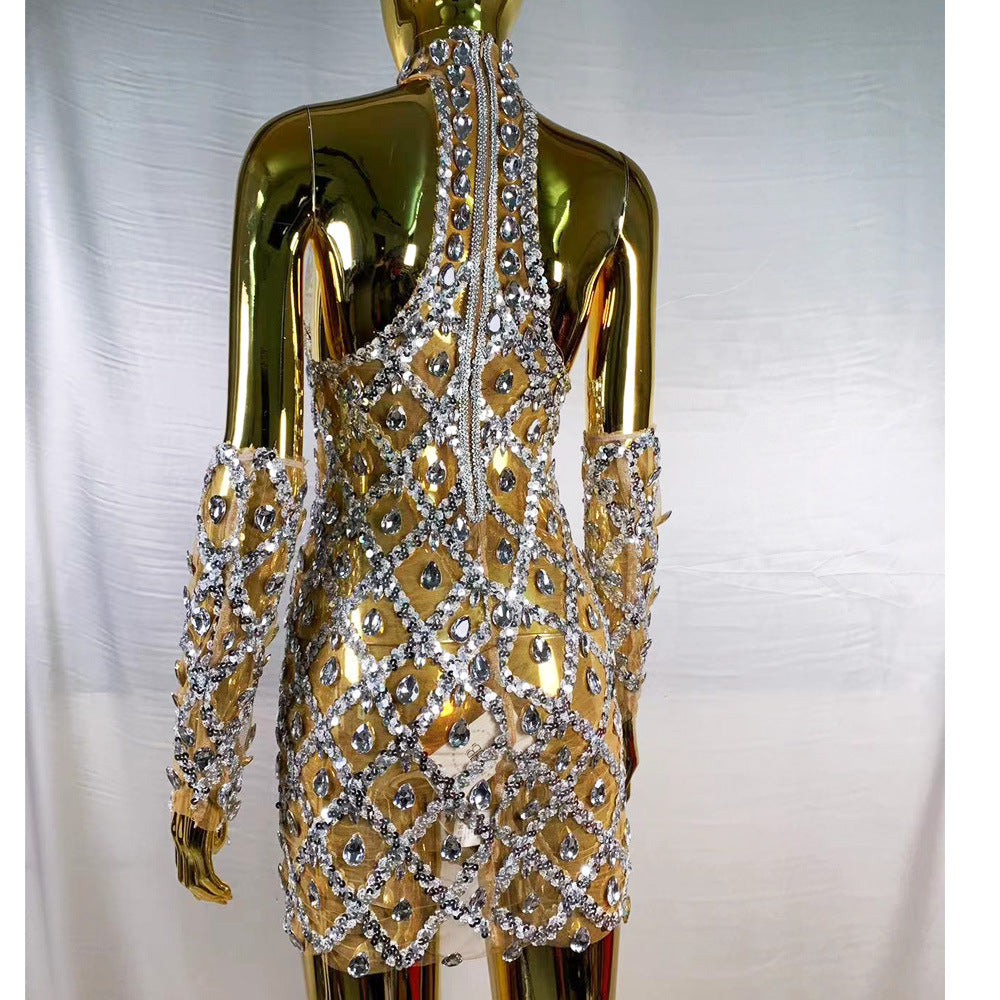 High-end Women's Heavy-duty Rhinestone Plaid Sequined Gloves Ultra-short Dress