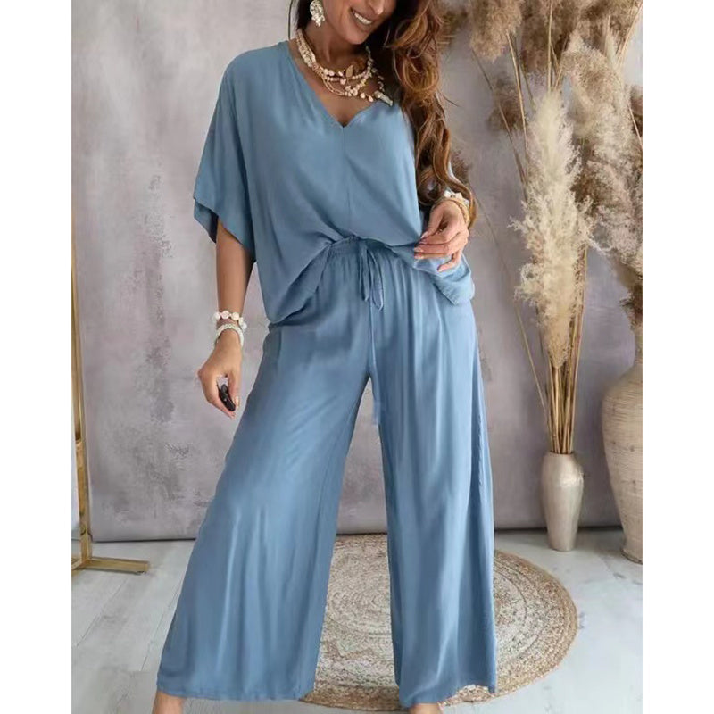 Lounge Set with Wide-Leg Pants | V-Neck Half-Sleeve 2-Piece