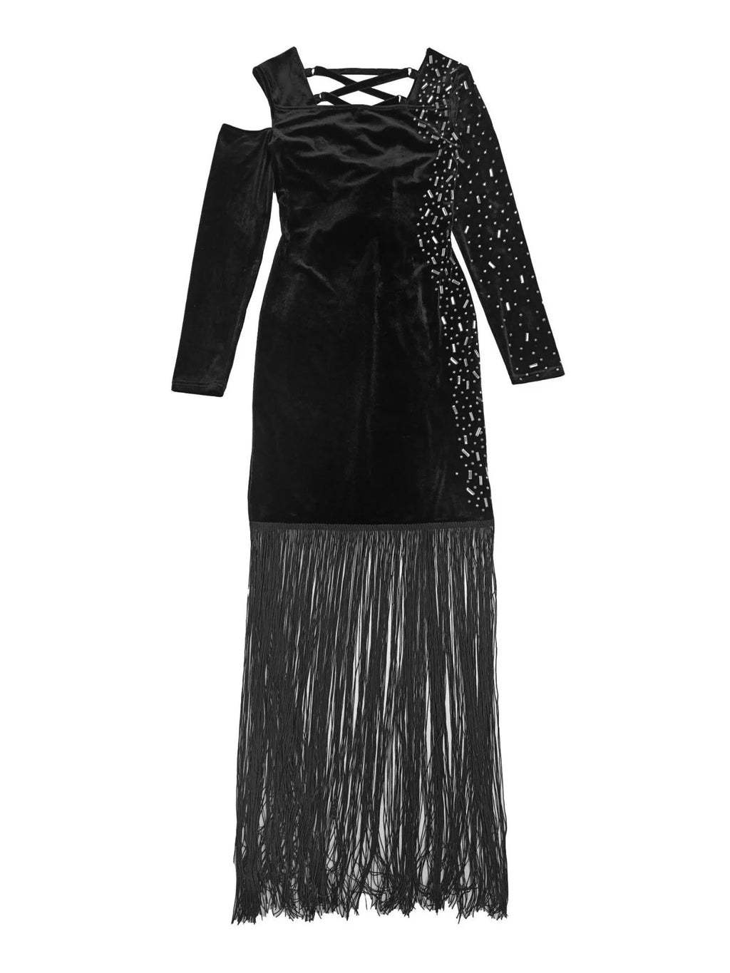 The Noir Encore Asymmetric Fringe Dress
