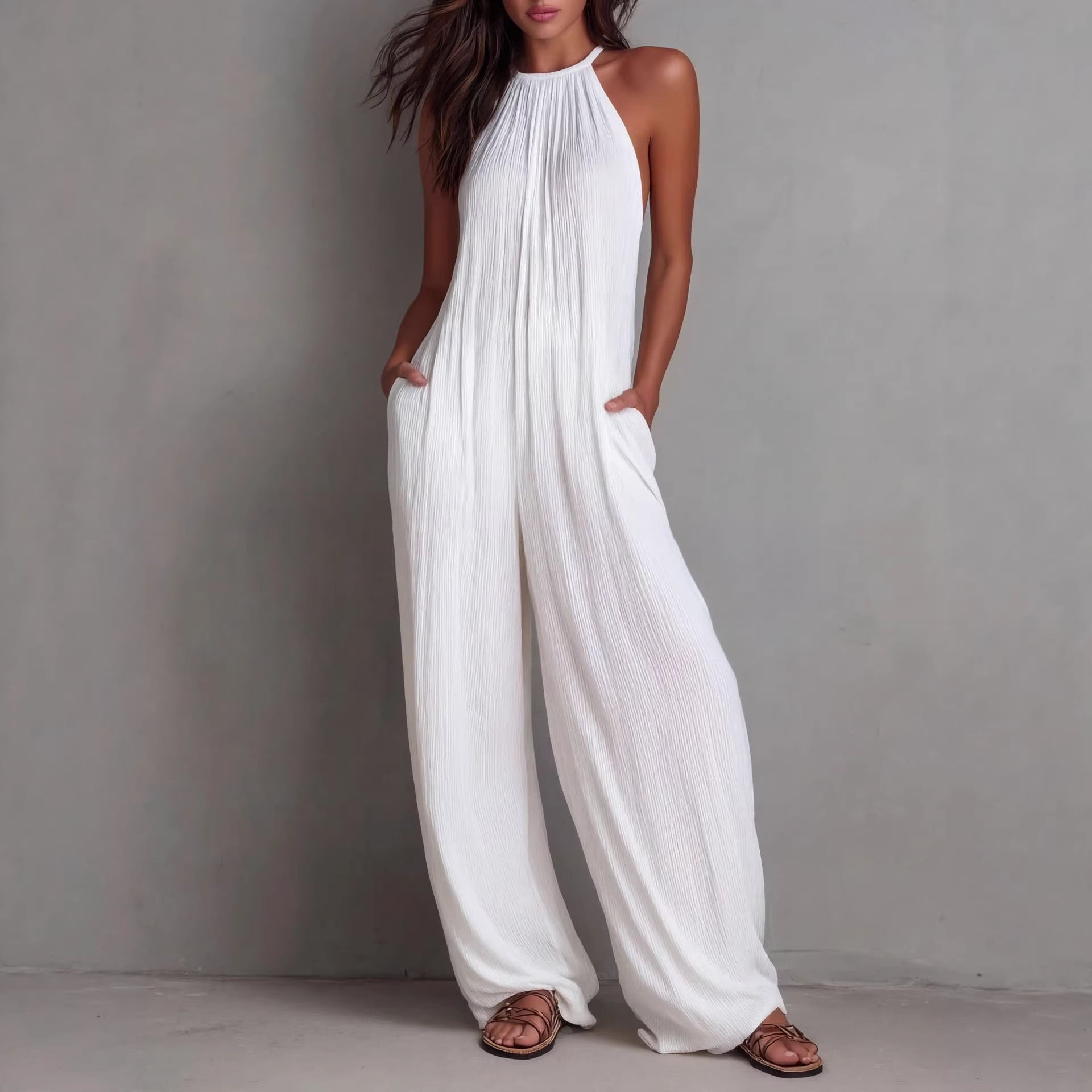 Halter Neck Wide-Leg Pleated Jumpsuit | Pockets Relaxed Full Length