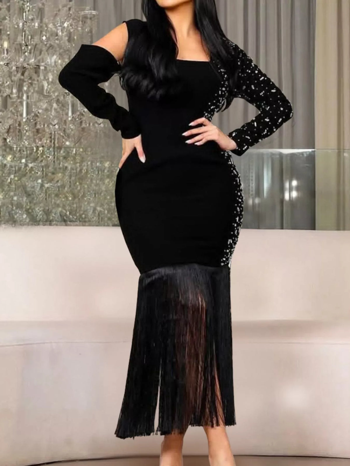 The Noir Encore Asymmetric Fringe Dress