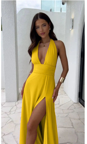 Deep V-Neck Halter Backless High-Slit Maxi Dress