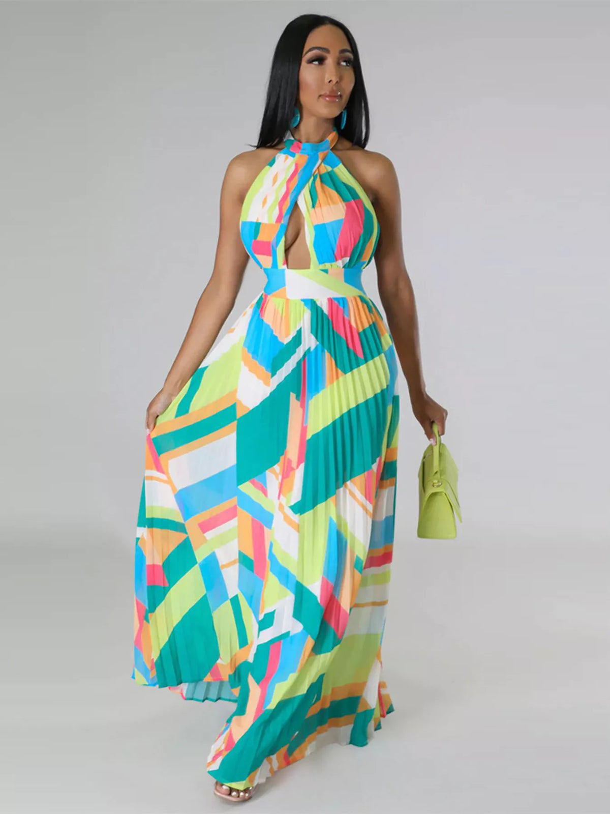 The Halter Geometric Pleated Maxi Dress