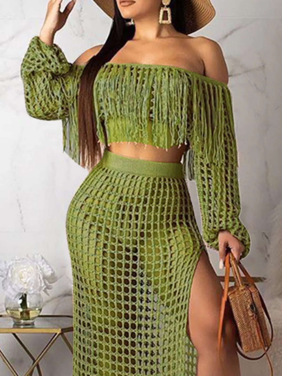 The Coastal Fringe Crochet Skirt Set