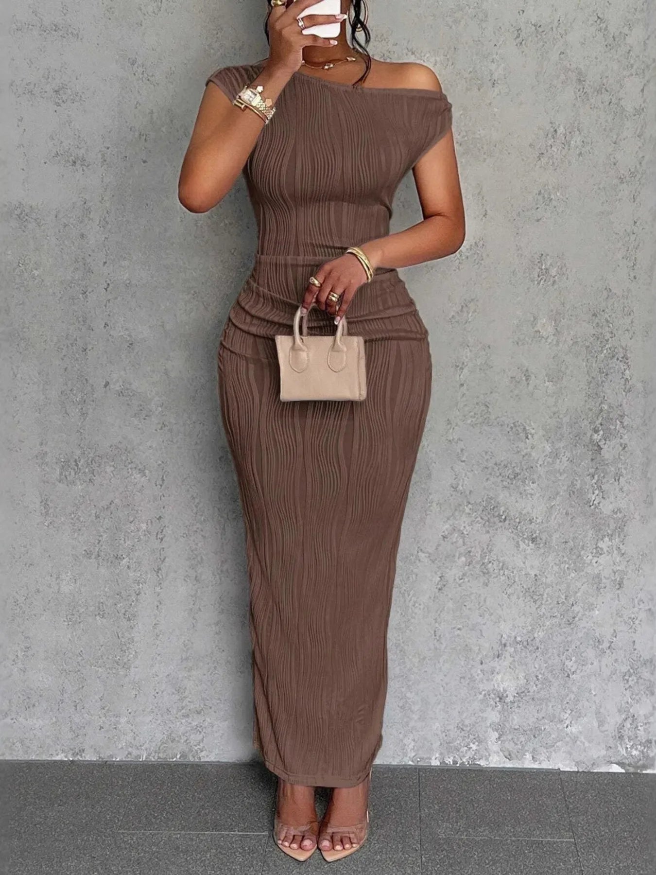Textured One-Shoulder Bodycon Maxi Dress