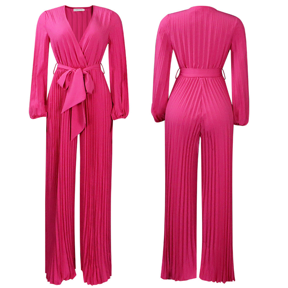 V-Neck Wrap Bishop Sleeve Tie-Waist Pleated Wide-Leg Jumpsuit | Plus Size S–5XL