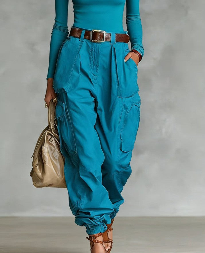 High-Waist Cargo Jogger Pants | Balloon Fit Side Pockets Gathered Ankle
