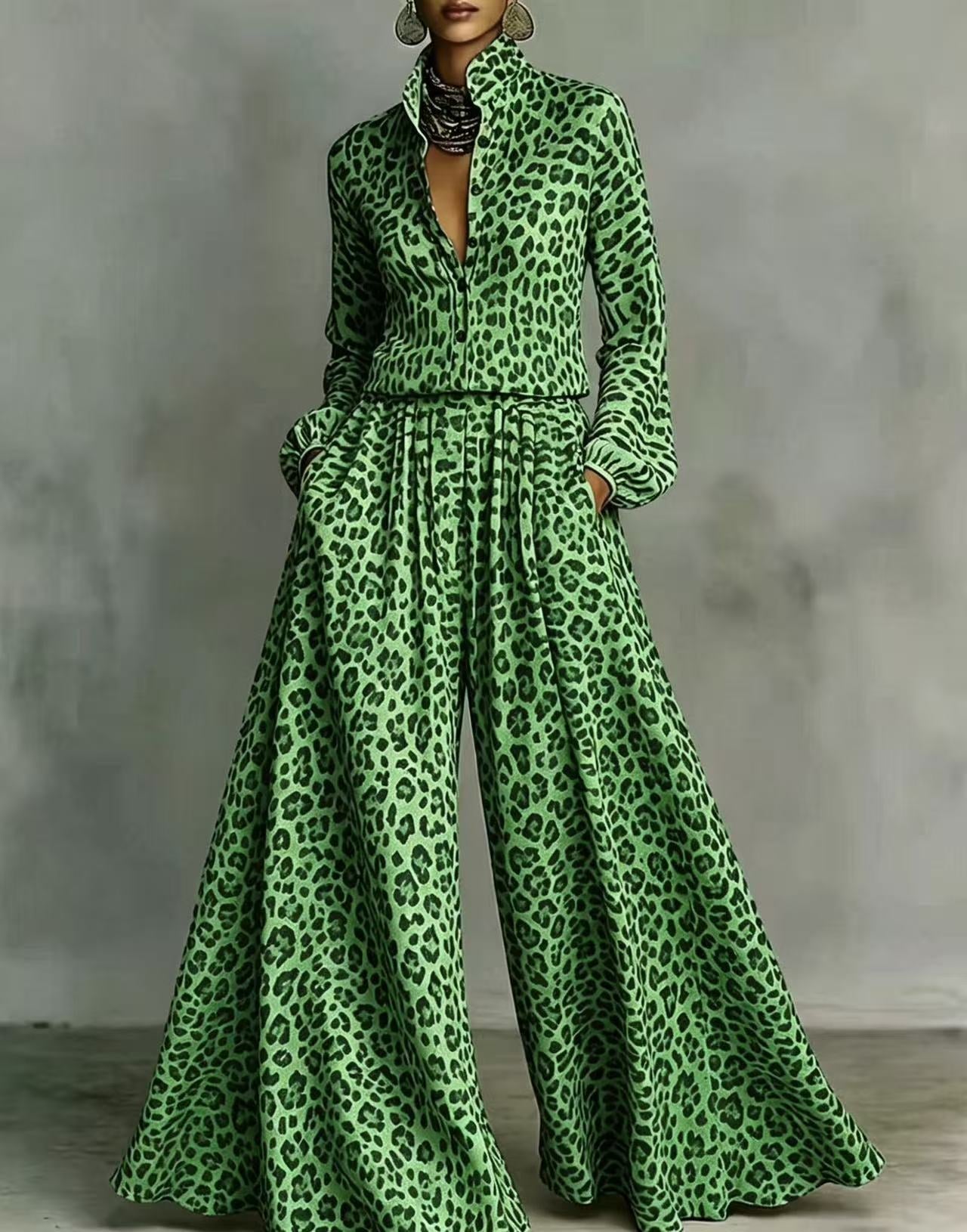 Leopard Print Wide-Leg Pants Set | Women's Two-Piece Long Sleeve Outfit