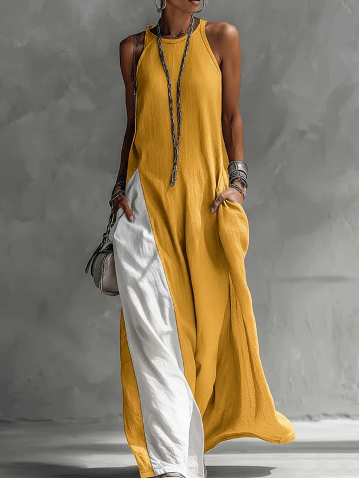 Color Block Sleeveless Maxi Dress | Crew Neck Pockets Side Slit Loose
