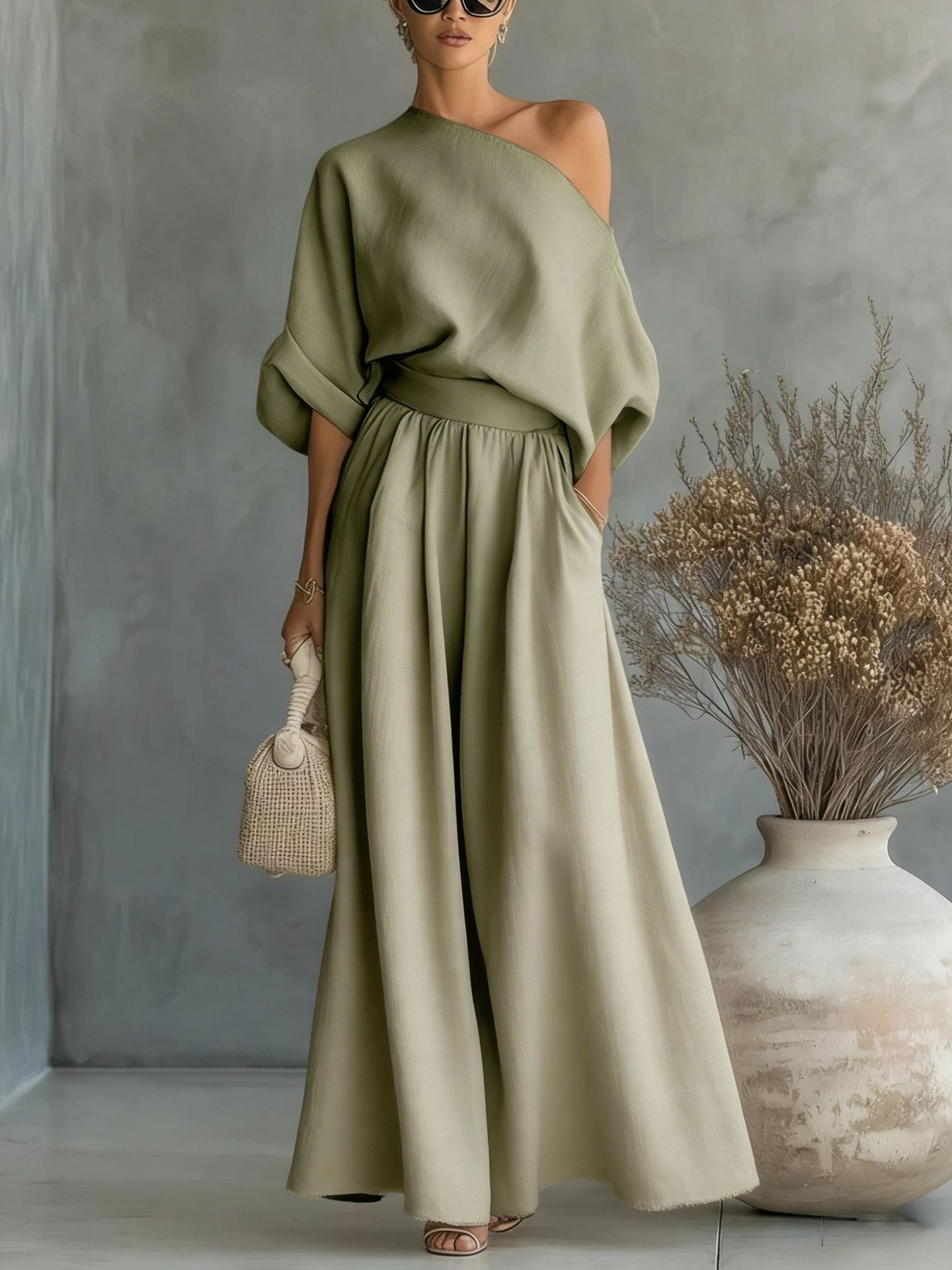 Cropped Off-Shoulder Top & Pants Two-Piece Set