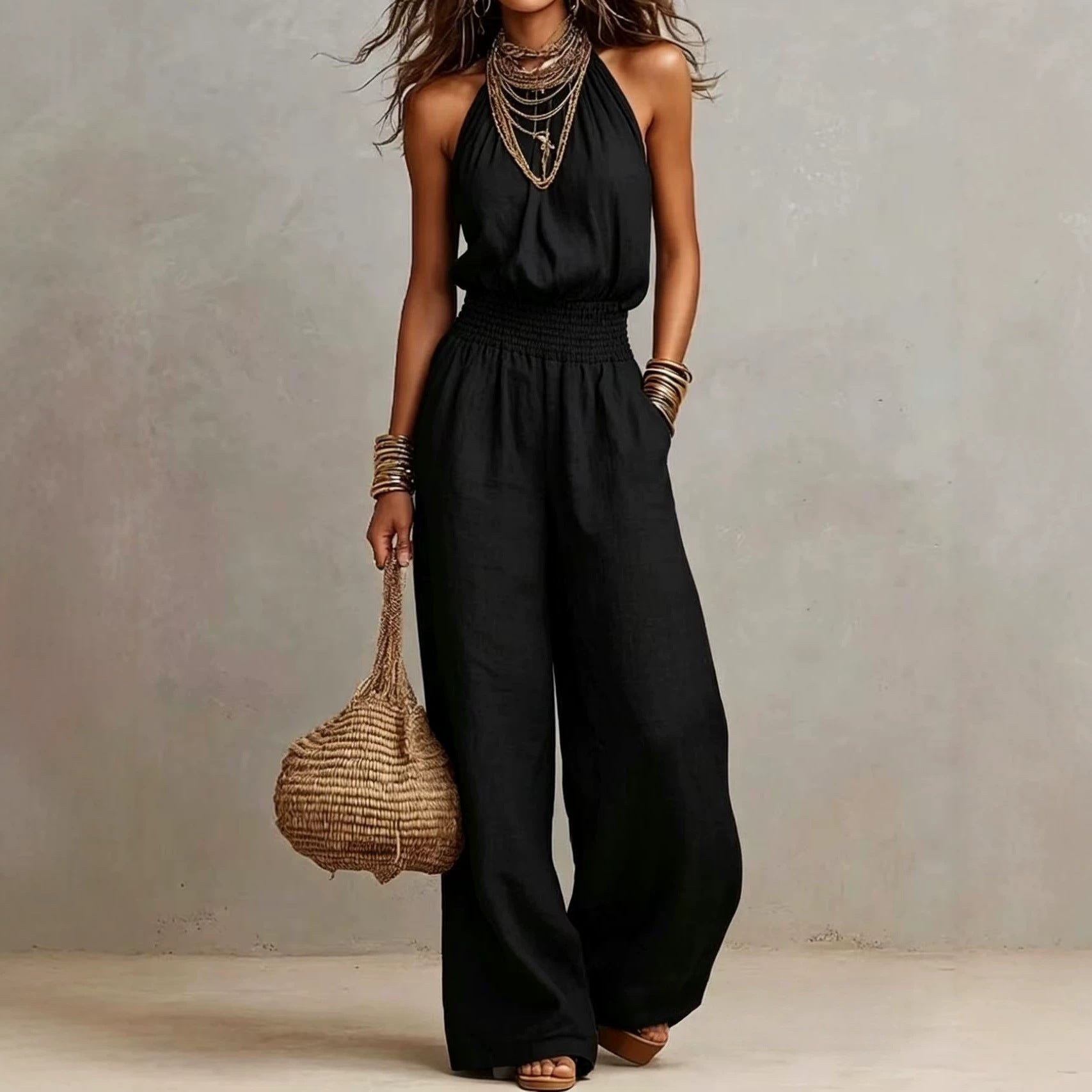 Halter-Neck Backless Wide-Leg Jumpsuit | Solid Color Sleeveless One-Piece