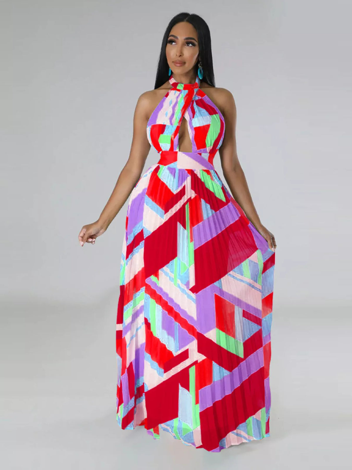 The Halter Geometric Pleated Maxi Dress
