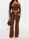 The Mocha Varsity Off-Shoulder Flare Pants Set