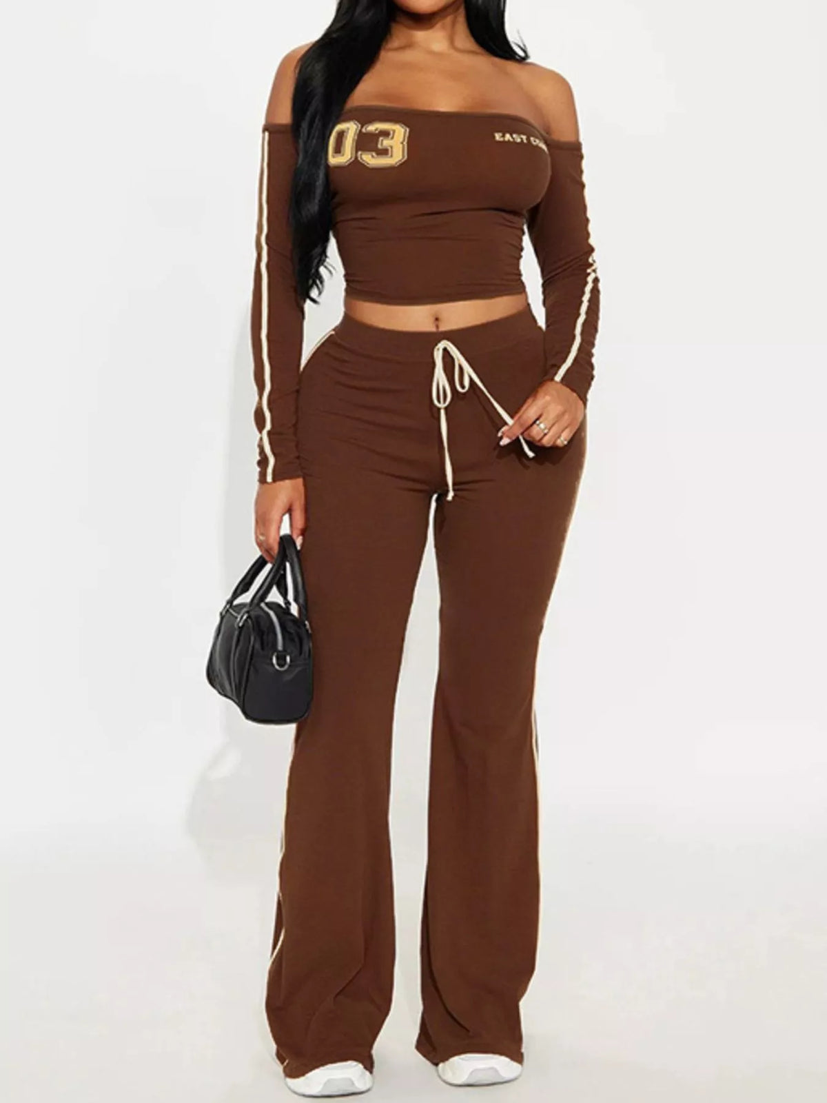 The Mocha Varsity Off-Shoulder Flare Pants Set