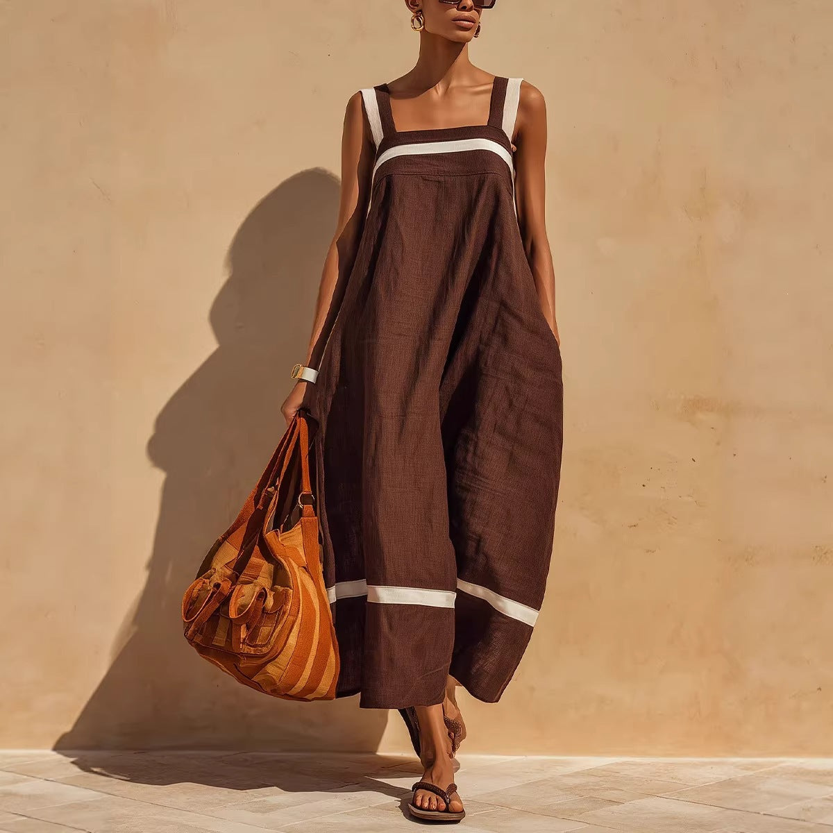 Contrast Strap Linen-Blend Midi Dress | Square Neck Loose Relaxed Fit