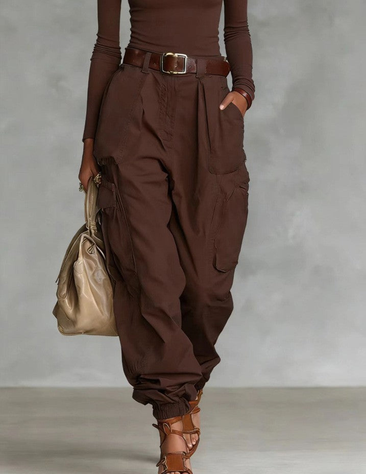 High-Waist Cargo Jogger Pants | Balloon Fit Side Pockets Gathered Ankle