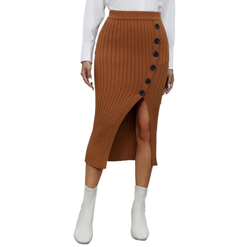 The Camel Poise Button-Detail Knit Midi Skirt
