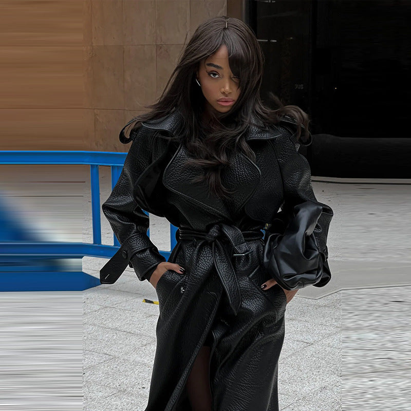 The Noir Authority Belted Faux-Leather Coat