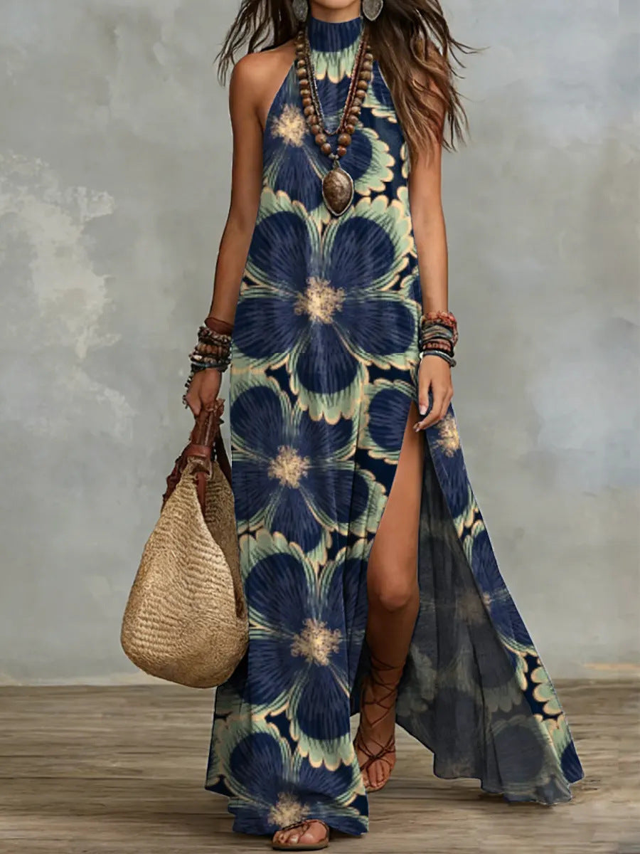 Sleeveless Split Maxi Dress | Floral & Leopard Print Floor-Length Dress
