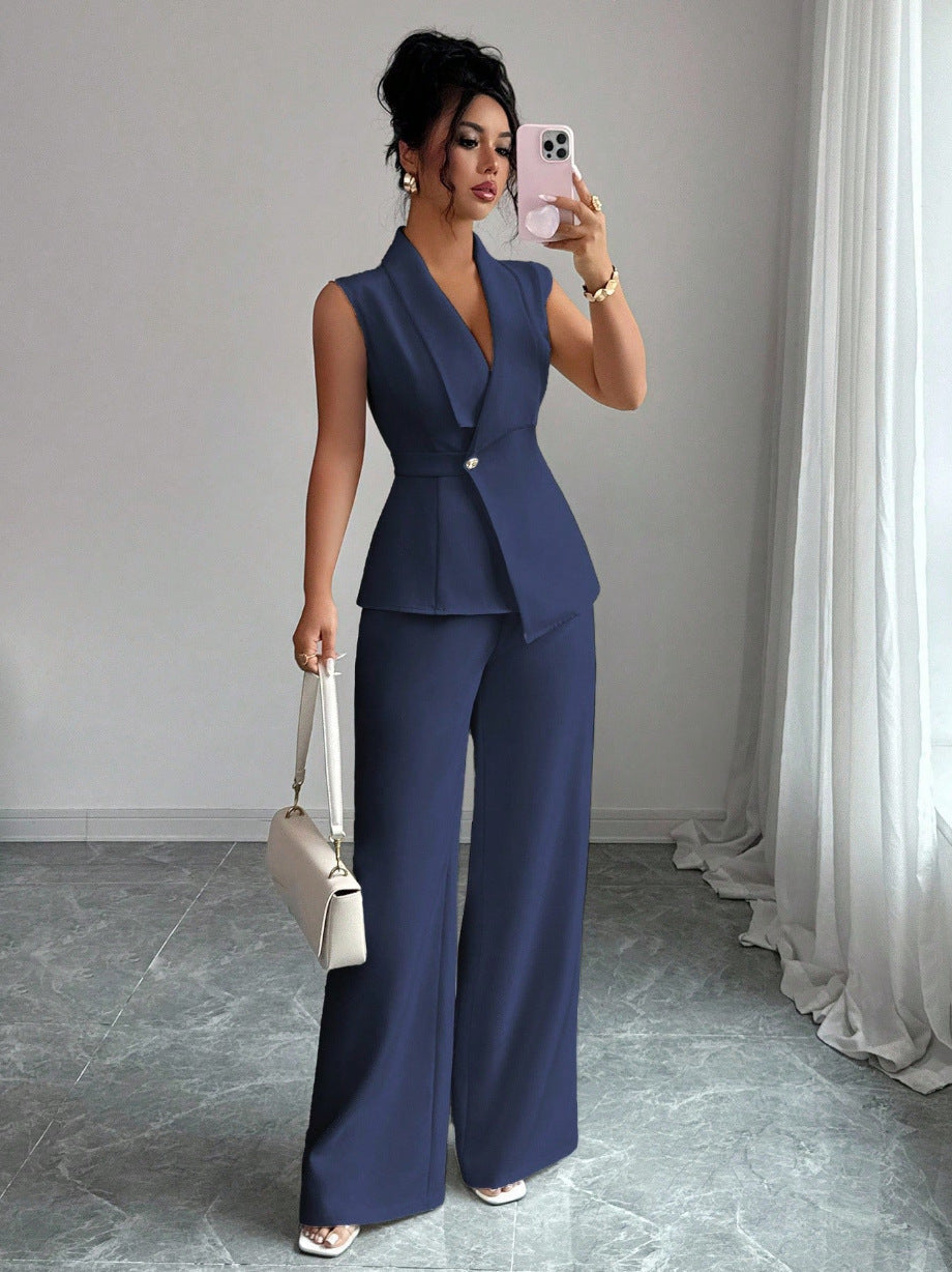 Sleeveless Blazer & Straight-Leg Pants Two-Piece Set
