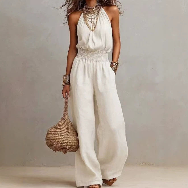 Halter-Neck Backless Wide-Leg Jumpsuit | Solid Color Sleeveless One-Piece