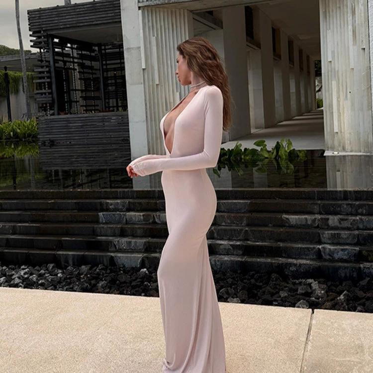 The Blush Entrance Plunge Long-Sleeve Dress