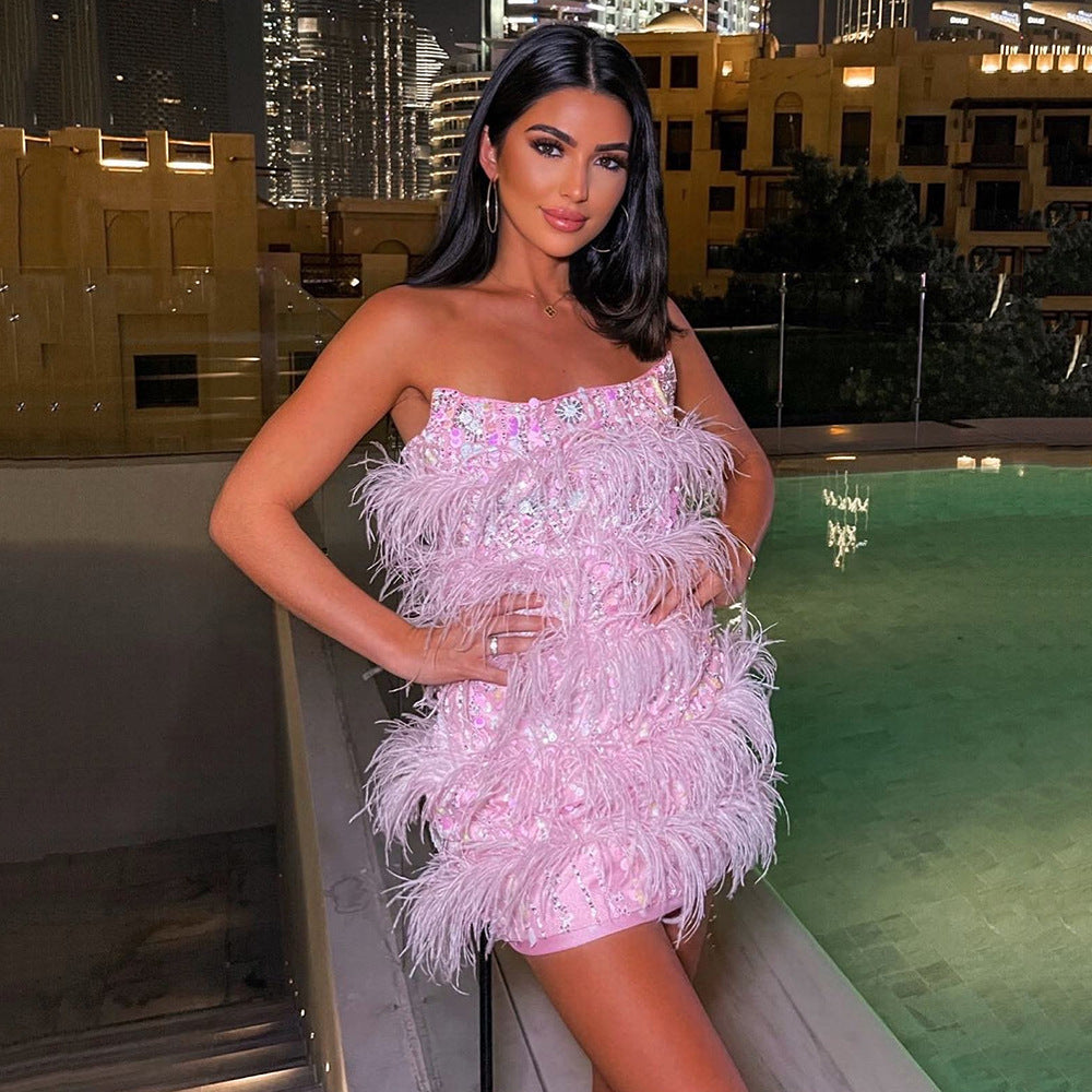 The Pink Spotlight Sequin & Feather-Trim Mini Dress