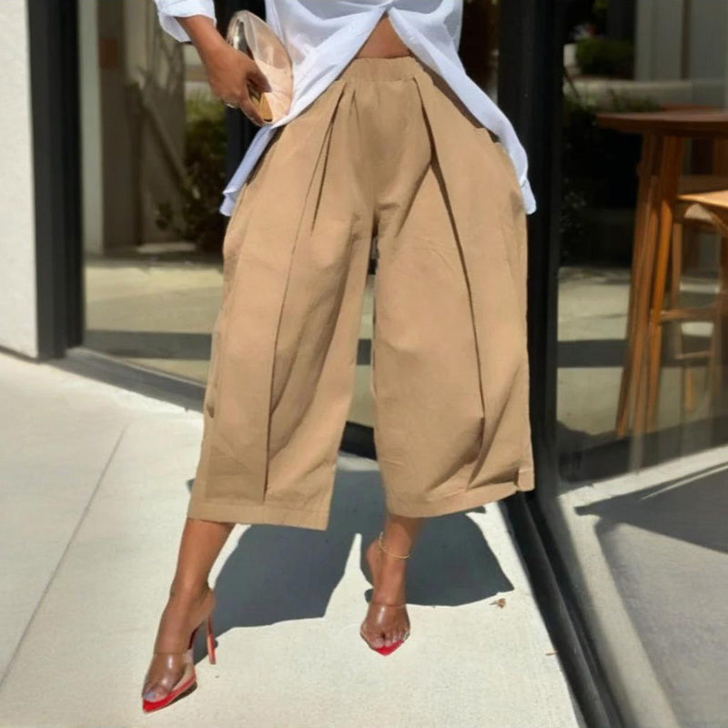Solid Color Cotton Wide-Leg Cropped Pants | Pleated Elastic Waist