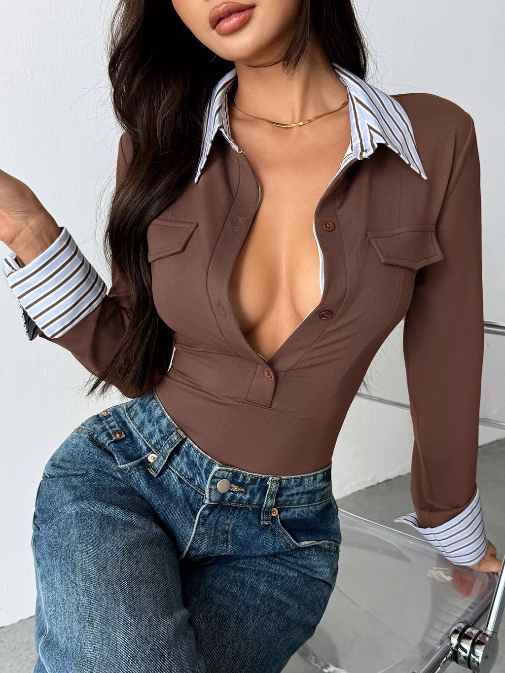 Long Sleeve Button Front Bodysuit See size chart under “more details”