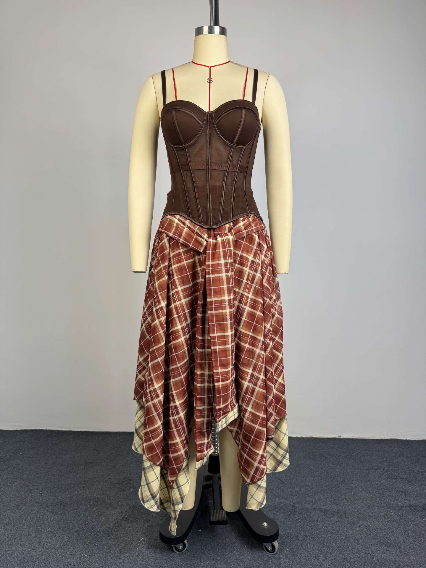Sweetheart Corset Top & Plaid Asymmetrical Handkerchief Skirt Set